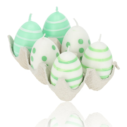 Paasei Kaarsen Set van 6 | Uniek Paasdecoratie Idee | Groen/Wit – 6cm Hoogte | Kleine ei Kaars voor Elke Gelegenheid
