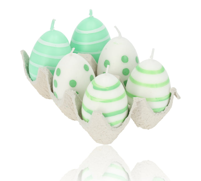 Paasei Kaarsen Set van 6 | Uniek Paasdecoratie Idee | Groen/Wit – 6cm Hoogte | Kleine ei Kaars voor Elke Gelegenheid