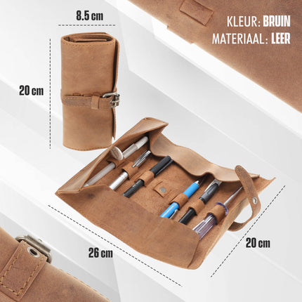 Pen -Pen Etui Vintag|authentiek design - Handgemaakte Roletui van Buffelleer - Vintage Bruin - Met Gespsluiting - Leren Penhouder / Pouch voor Pennen - 20 x 8.5 cm