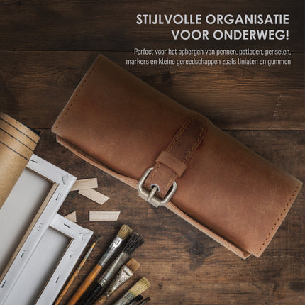 Pen -Pen Etui Vintag|authentiek design - Handgemaakte Roletui van Buffelleer - Vintage Bruin - Met Gespsluiting - Leren Penhouder / Pouch voor Pennen - 20 x 8.5 cm