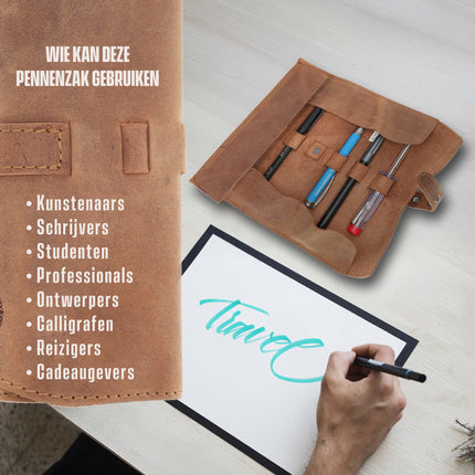 Pen -Pen Etui Vintag|authentiek design - Handgemaakte Roletui van Buffelleer - Vintage Bruin - Met Gespsluiting - Leren Penhouder / Pouch voor Pennen - 20 x 8.5 cm