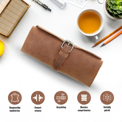 Pen -Pen Etui Vintag|authentiek design - Handgemaakte Roletui van Buffelleer - Vintage Bruin - Met Gespsluiting - Leren Penhouder / Pouch voor Pennen - 20 x 8.5 cm