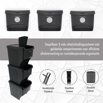 Stapelbare Prullenbakken Zwart - Set van 3 x 22 Liter Afvalscheidingsbakken - Ideaal voor Recycling en Afvalbeheer