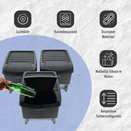 Stapelbare Prullenbakken Zwart - Set van 3 x 22 Liter Afvalscheidingsbakken - Ideaal voor Recycling en Afvalbeheer