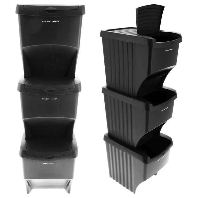 Stapelbare Prullenbakken Zwart - Set van 3 x 22 Liter Afvalscheidingsbakken - Ideaal voor Recycling en Afvalbeheer