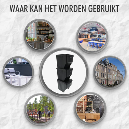 Stapelbare Prullenbakken Zwart - Set van 3 x 22 Liter Afvalscheidingsbakken - Ideaal voor Recycling en Afvalbeheer