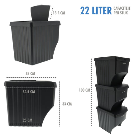 Stapelbare Prullenbakken Zwart - Set van 3 x 22 Liter Afvalscheidingsbakken - Ideaal voor Recycling en Afvalbeheer