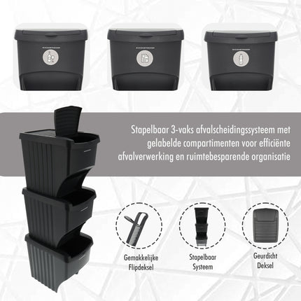 Poubelles de tri sélectif 3 pièces - 22 L (66 L au total) - Poubelles de recyclage empilables - Poubelles noires