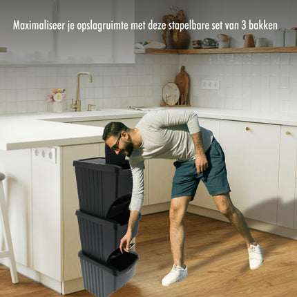 Poubelles de tri sélectif 3 pièces - 22 L (66 L au total) - Poubelles de recyclage empilables - Poubelles noires
