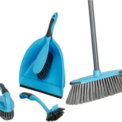 Schoonmaakset 6 delig - Bezem met steel - blik met handborstel - handschrobber- afwasborstel