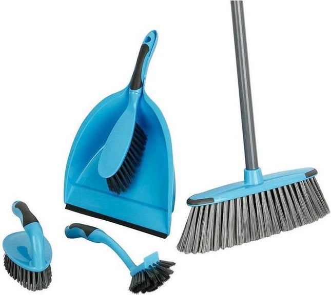 Schoonmaakset 6 delig - Bezem met steel - blik met handborstel - handschrobber- afwasborstel