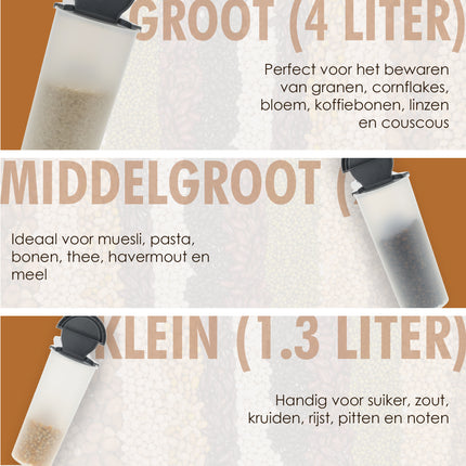 Voorraadpotten Kunststof 3-Delig - BPA Vrij - Luchtdichte Strooibussen Set - 4L, 2.4L, 1.3L - Ideaal voor Granen & Voorraadkast
