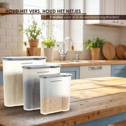 Voorraadpotten Kunststof 3-Delig - BPA Vrij - Luchtdichte Strooibussen Set - 4L, 2.4L, 1.3L - Ideaal voor Granen & Voorraadkast
