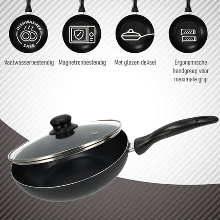 Koekenpan 24 Cm Met Deksel | Zwarte Antiaanbak Koekenpannen | Vaatwasserveilig & Magnetronbestendig | Geschikt Voor Gas, Electric, Ceramic & Halogen 